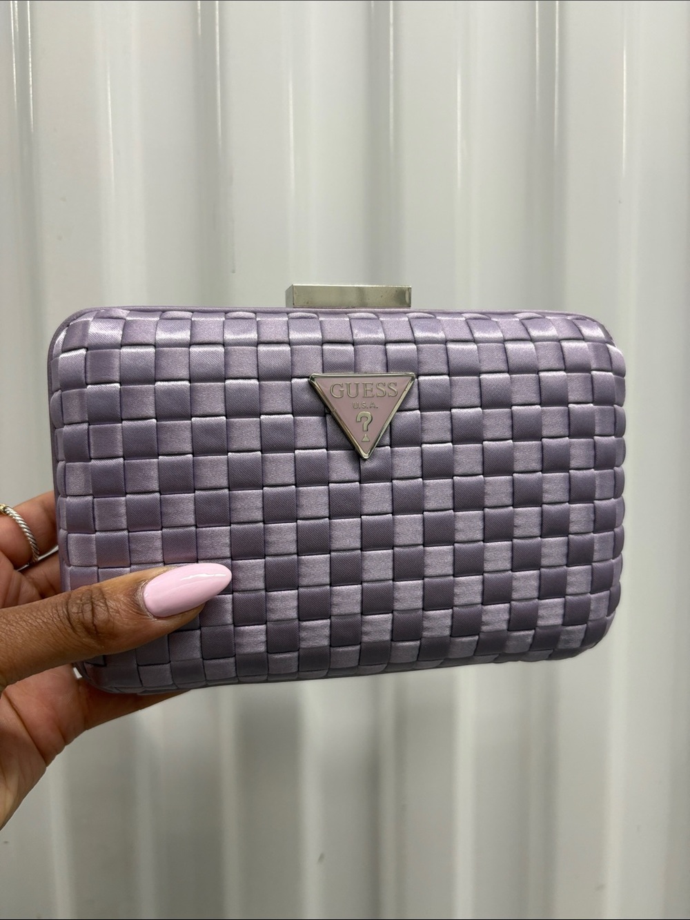 GUESS Lilac Woven Satin Hardcase Clutch with Metal Logo